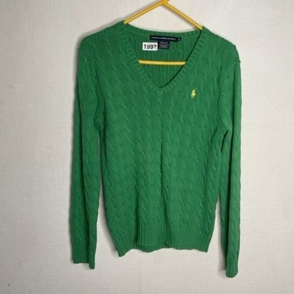 Polo Ralph Lauren Green 100% Cotton CableKnit V-Neck Sweater Women Size XL Logo - Picture 1 of 11